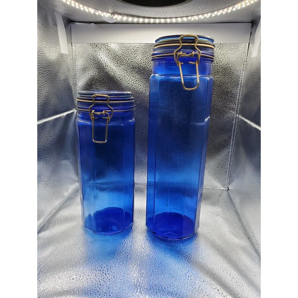 Cobalt Blue Storage Canister Jar Set 12 Panelled Glass W/ Latched Lid 2 Pack